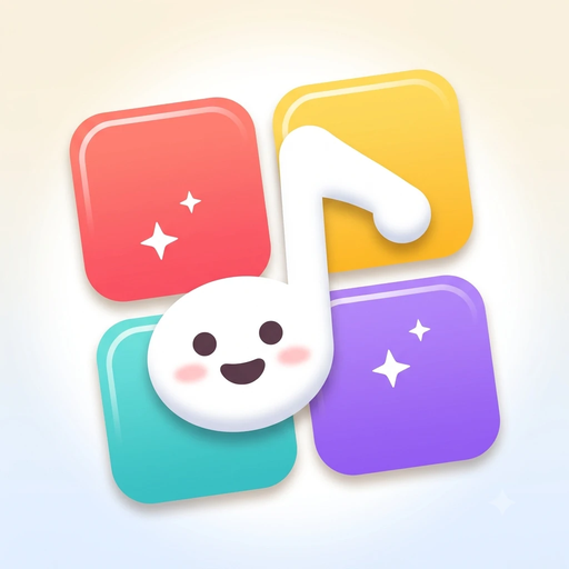 Bandaloo app icon — four glossy coloured pads with a smiling white musical note on top.