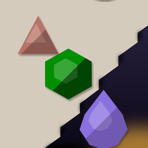 Crystal Depths app icon — a red triangle, a green hexagon and a violet teardrop crystal stepping down into a dark mine cut on pale stone.