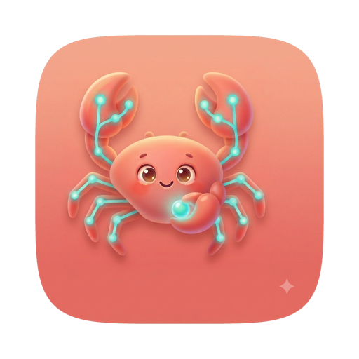 GitCrab app icon — a smiling coral crab on a coral-salmon ground, with a glowing teal git graph of lines and nodes running along its claws and legs.