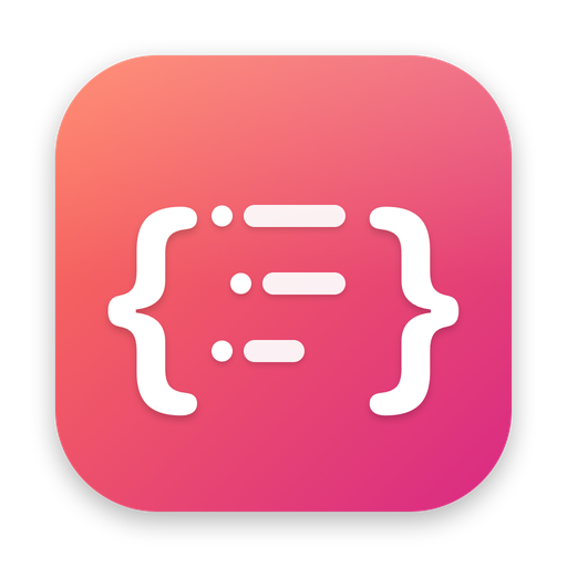 JaySnake app icon — white curly braces around three rows of dots and bars on a coral-to-magenta gradient.