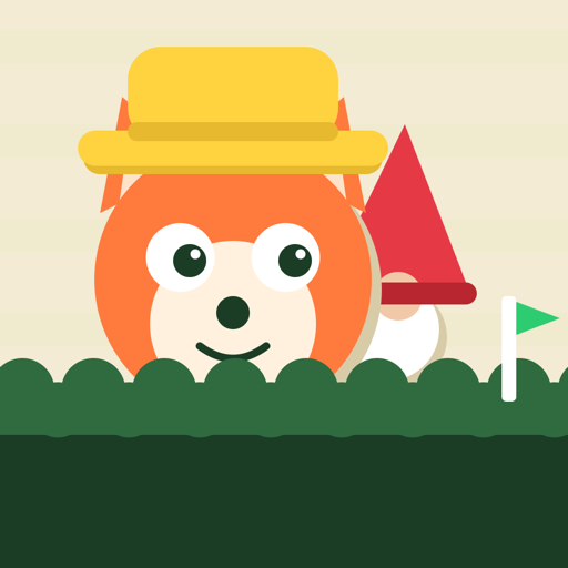 Peek-a-Maze app icon — an orange fox in a yellow hat peeking over a dark green hedge, the red pointed hat of a garden gnome behind it and a small green flag on a white pole, under a cream sky.