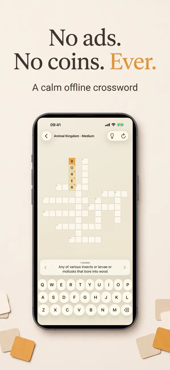 An Inkweave crossword in progress, with the clue above the letter keyboard